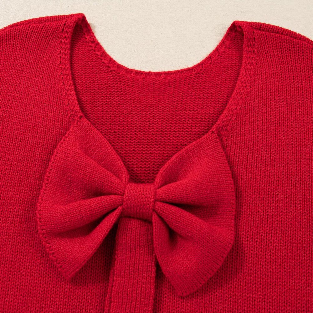 B346 Fiery Red Festive Bow Backless Bubble Sleeve Sweater - Picture 6 of 6